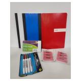 Composition notebooks, erasers, cards, and markers