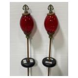 Pair of red glass solar lantern yard stakes