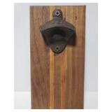 Bottle opener on magnetic wood board