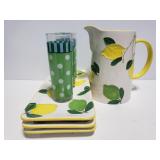 Ceramic lemon pitcher and plates w/ 3 tall glasses