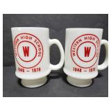 Milk glass high school mug pair