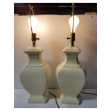 White ceramic urn style table lamps pair