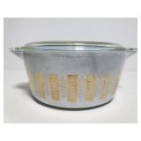 Blue and gold cover Pyrex dish