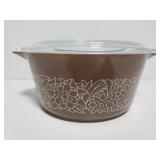 Brown floral covered Pyrex dish