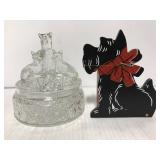 Scotty dog glass candy dish & wood pen holder