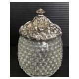 Clear glass hobnail sugar dish with metal lid