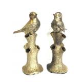 Two metal bird vases