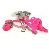 Pink pet leashes, collar, and bowl