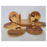 Vintage round Mountain wood inlay coaster set