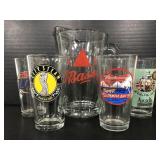 Bass beer pitcher & 4 collectible beer glasses
