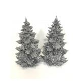 Two sparkly silver painted resin Christmas Trees