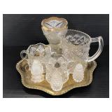 Vintage cut glass dishes with gold toned tray