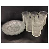 Lot of rose and leaf cut glass plates and glasses