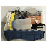 Tote of assorted kitchen items