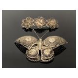 Antique sterling silver filigree brooch pair