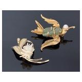 Vintage stone bird & sculpted flower brooch pair