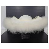 Vintage white ladies hat w/ fuzzy trim