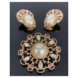 Art Deco style  crystal & pearl brooch & earrings