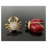 Lady Bug & Crab rhinestone brooch pair