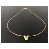 Trifari signed gold tone initial necklace - "V"