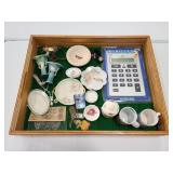 Wood showcase box with vintage contents