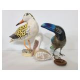 Three decorative birds and keychain