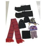 Assorted winter hats, scarf, masks, and mittens
