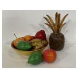 Carved wood pineapple & bowl of faux fruits