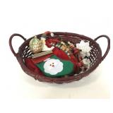 Wicker basket full of Christmas decorations