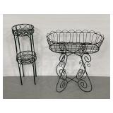 Two green painted metal plant stands