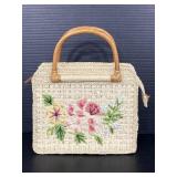 Embroidered woven handbag w/ bamboo handles