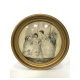 Etching of Victorian ladies in bubble frame