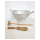 Vintage metal colander w/ wood utensils