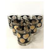 Six vintage black and gold rocks bar glasses