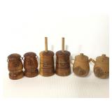 Three pairs of wooden salt and pepper shakers