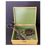 Hand painted wood box with vintage scissors, plus