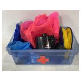 Small tote of assorted pool floaties and pump