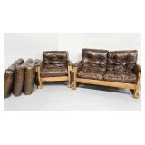 Vintage wooden chair & loveseat w/ leather