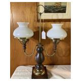 Vintage dual light wood lamp w/ milk glass shades