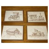 Set of four framed transportation sketch prints