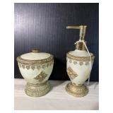 Vtg bathroom soap dispenser and powder dish