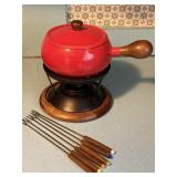 Red enameled fondu pot set
