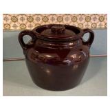 Vintage USA ceramic double handle bean pot w/ lid