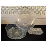 Large cut glass bowl, butter dish & cake plate