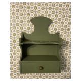 Avacado painted wood wall shelf w/ drawer