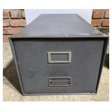 Old file box, gray cardboard w/ metal trim