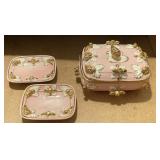 Vintage Japan pink ceramic 3-pc vanity set