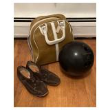 Vintage ladies Brunswick bowling ball, bag & shoes