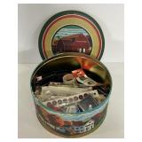 Hickory Farms tin of vintage sewing notions