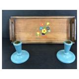Vintage serving tray & wood candle holders